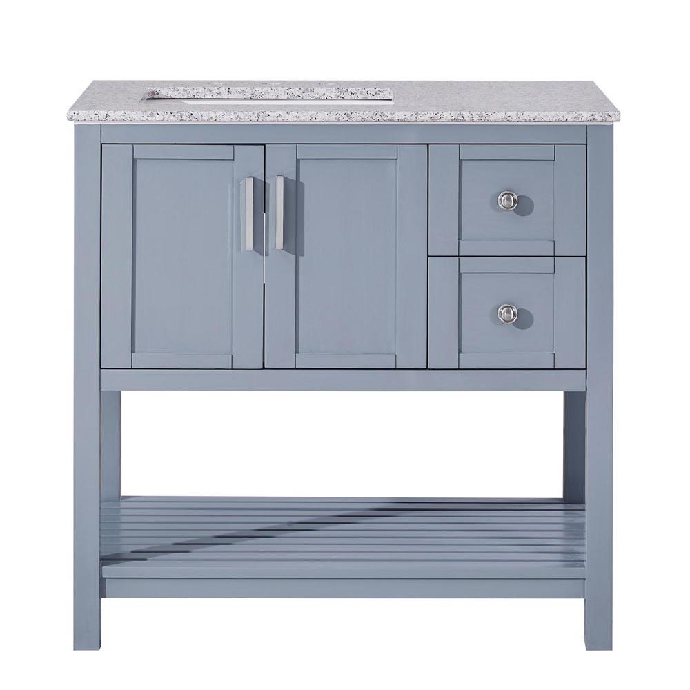 Silkroad 36" Single (Left) Sink Gray Cabinet Vanity Silkroad Exclusive Sesame White Granite Top 