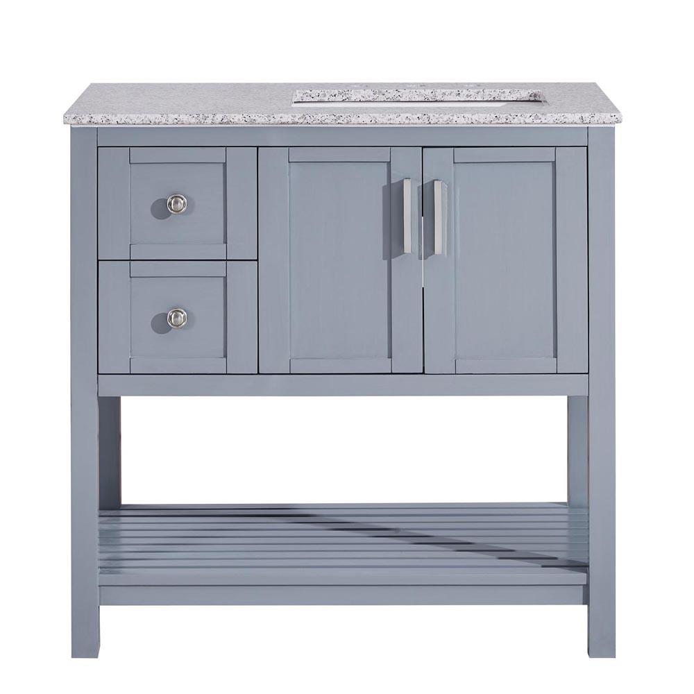 Silkroad 36" Single (Right) Sink Gray Cabinet Vanity Silkroad Exclusive Sesame White Granite Top 