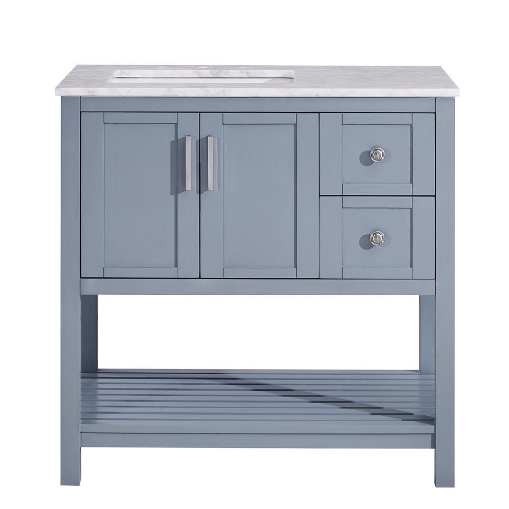 Silkroad 36" Single (Left) Sink Gray Cabinet Vanity Silkroad Exclusive Carrara White Marble Top 