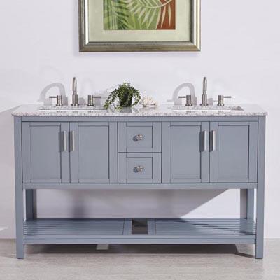 Silkroad 60" Double Sink Gray Cabinet Vanity Silkroad Exclusive Sesame White Granite Top 