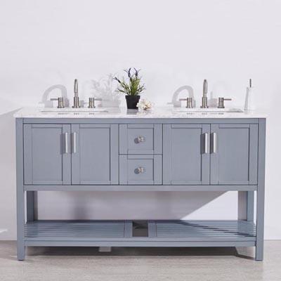 Silkroad 60" Double Sink Gray Cabinet Vanity Silkroad Exclusive Carrara White Marble Top 