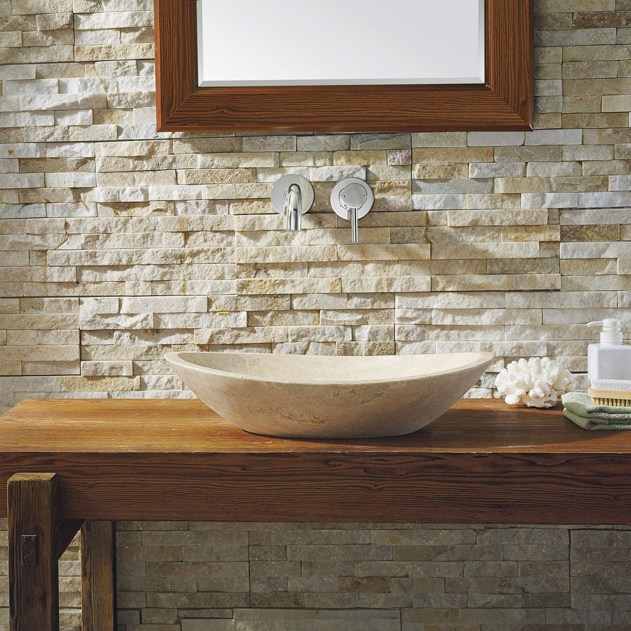 Virtu USA Leda Natural Stone Bathroom Vessel Sink in Beige Travertine Marble Bathroom Sink Virtu USA 