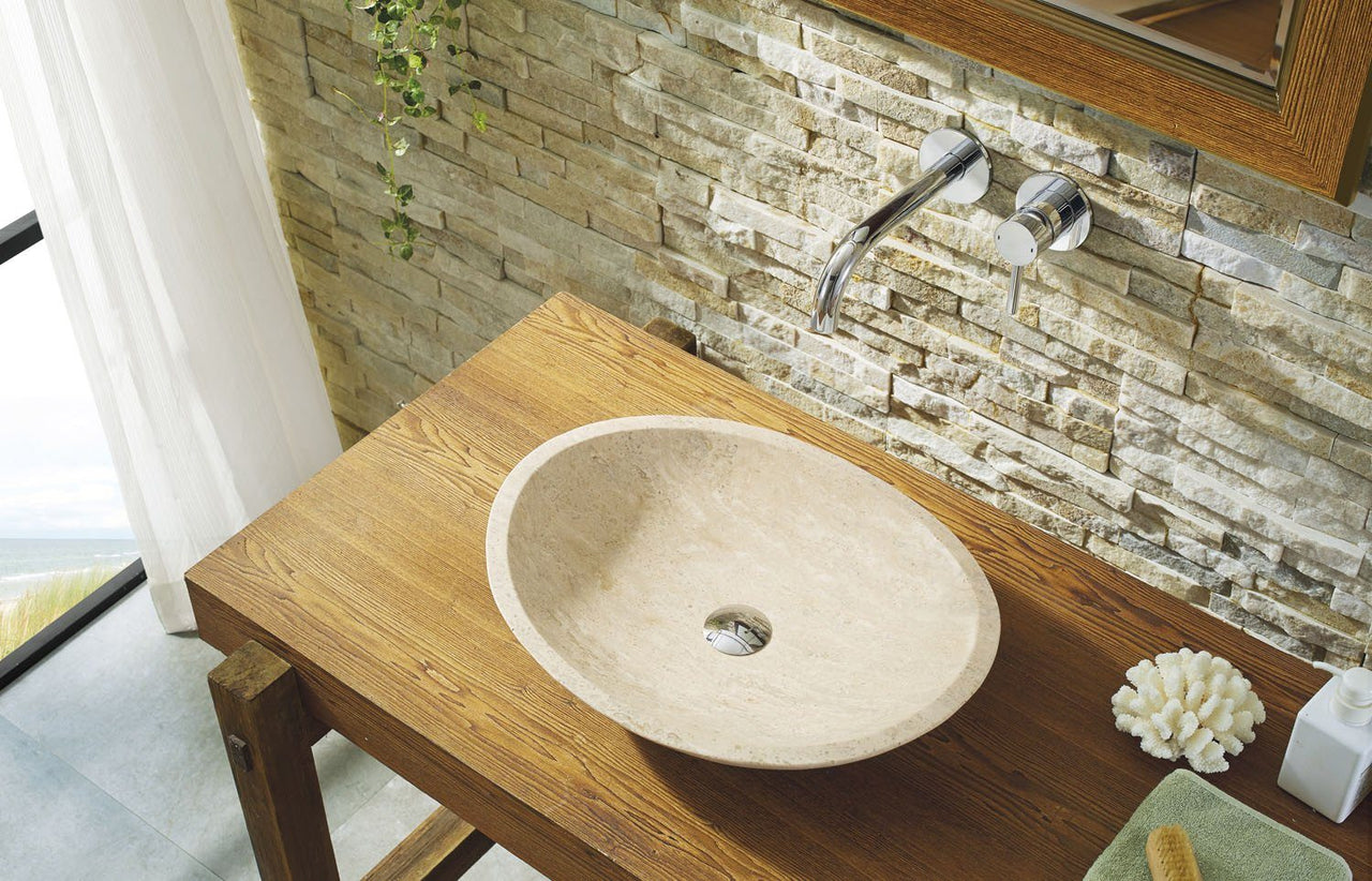Virtu USA Leda Natural Stone Bathroom Vessel Sink in Beige Travertine Marble Bathroom Sink Virtu USA 