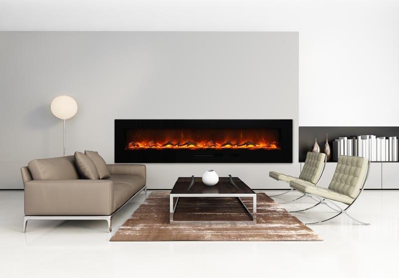 Amantii 88" Flush Mount fireplace w/ Black Glass Surround, log set & ice media Electric Fireplace Amantii 