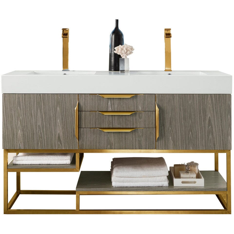 James Martin Columbia 59" Double Vanity Vanity James Martin Ash Gray - Radiant Gold w/ White Glossy Composite Countertop 