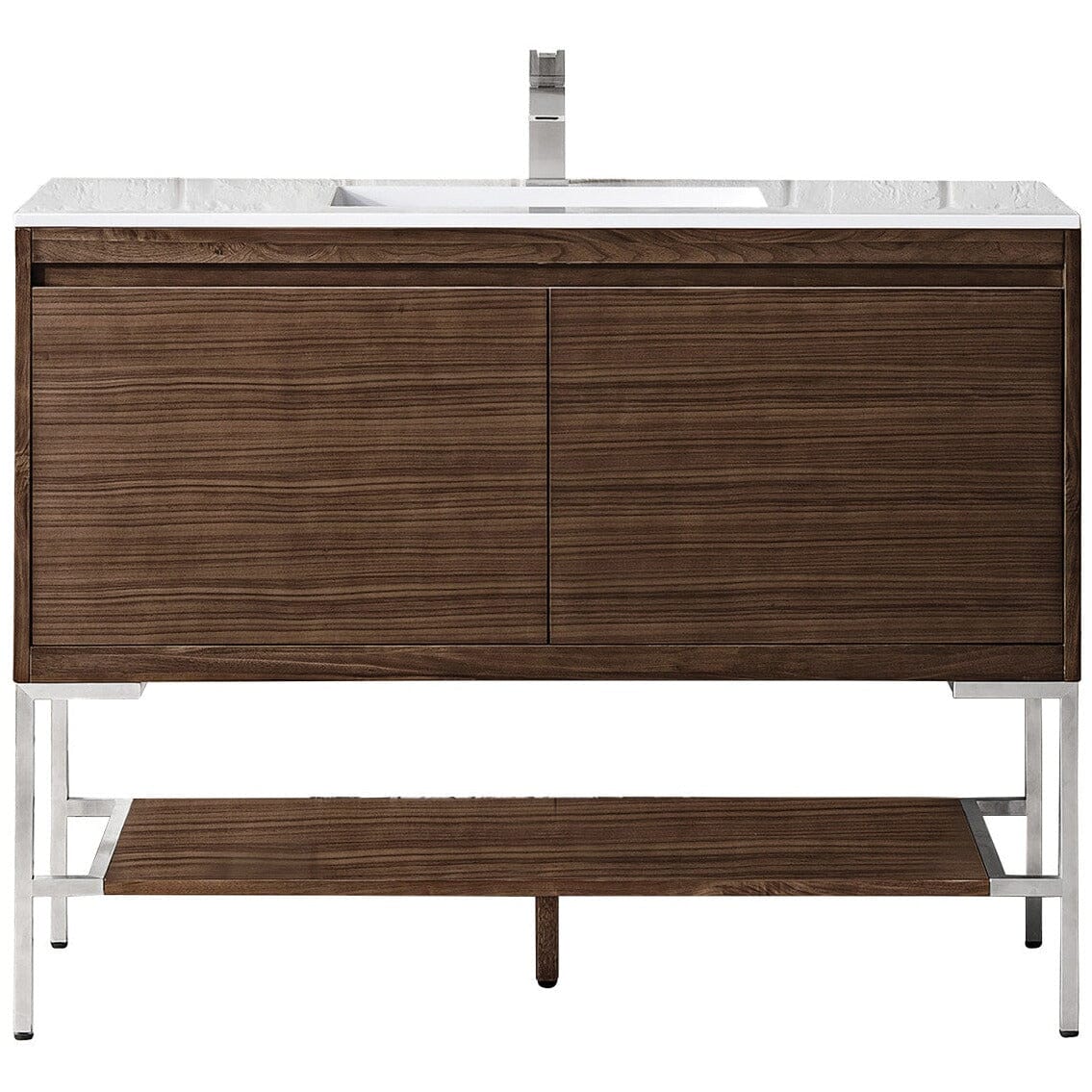 James Martin Milan 47.3" Single Vanity Vanity James Martin Mid Century Walnut - Brushed Nickel w/Glossy White Composite Top 