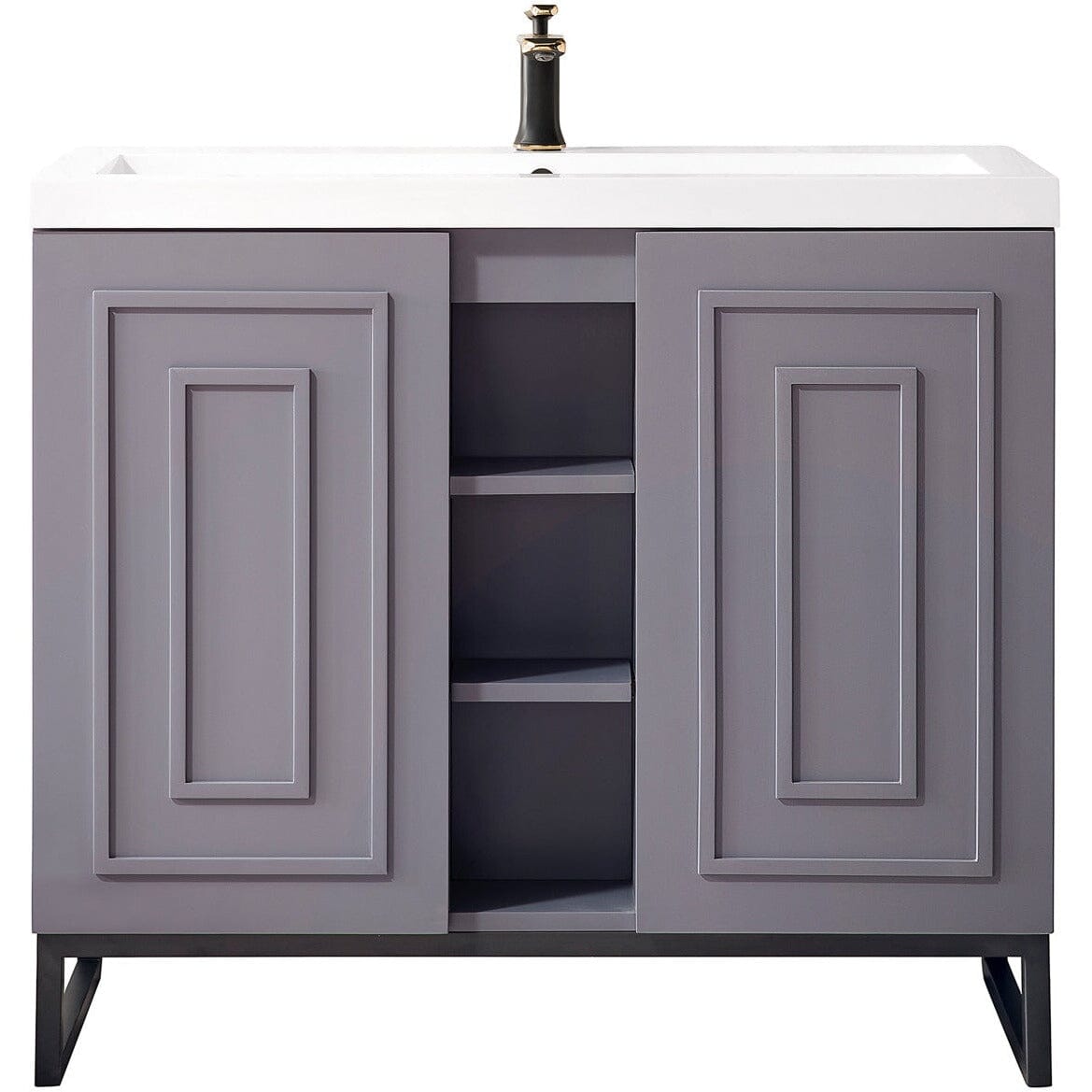 James Martin Alicante' 39.5" Single Vanity Cabinet Vanity James Martin Grey Smoke-Matte Black w/ White Glossy Composite Countertop 