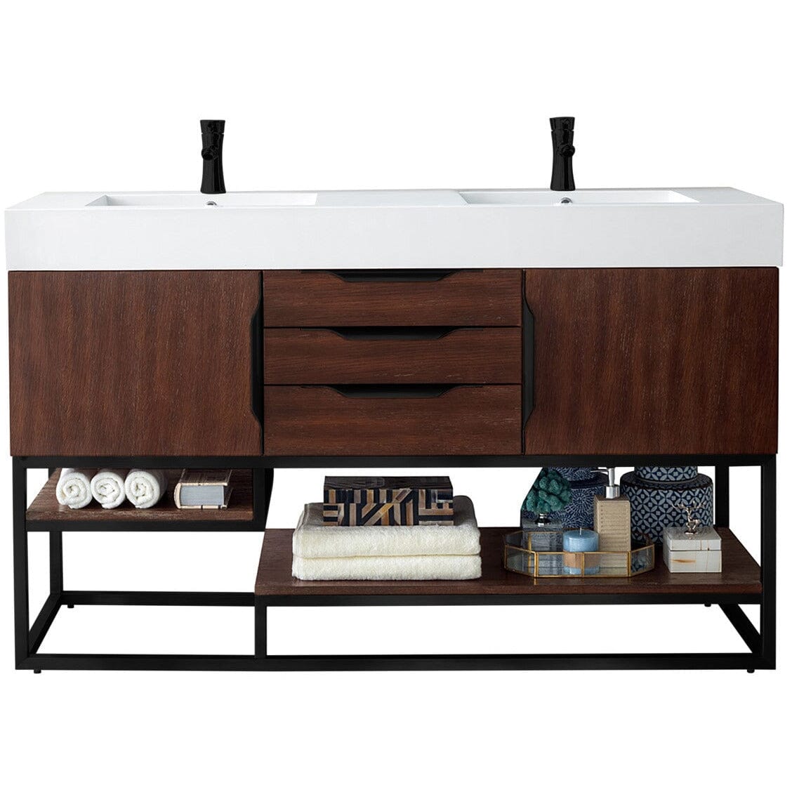 James Martin Columbia 59" Double Vanity Vanity James Martin Coffee Oak - Matte Black w/ White Glossy Composite Countertop 