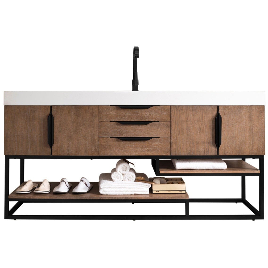 James Martin Columbia 72" Single Vanity Vanity James Martin Latte Oak - Matte Black w/ White Glossy Composite Countertop 
