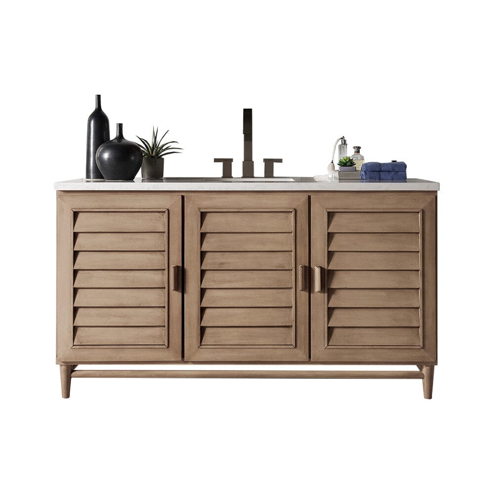 James Martin Portland 60" Single Vanity Vanity James Martin Whitewashed Walnut w/ 3 CM Arctic Fall Solid Surface Top 