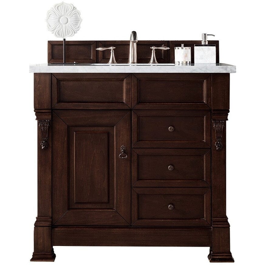 James Martin Brookfield 36" Single Vanity Vanities James Martin Burnished Mahogany w/ 3 CM Arctic Fall Solid Surface Top 