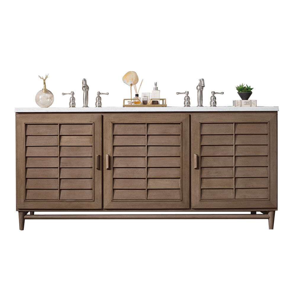 James Martin Portland 72" Double Vanity Vanity James Martin Whitewashed Walnut w/ 3 CM Arctic Fall Solid Surface Top 