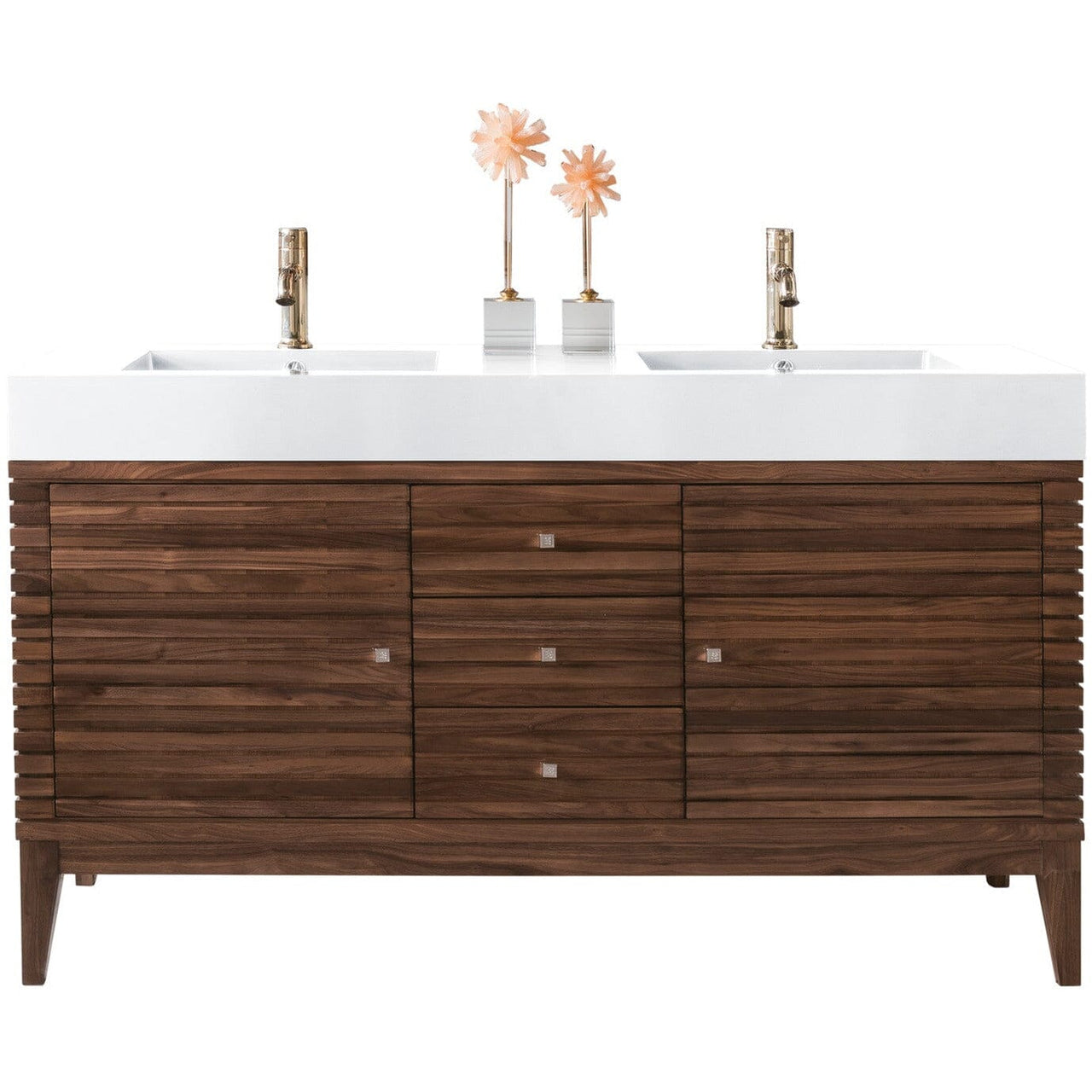 James Martin Linear 59" Double Vanity Vanity James Martin Mid Century Walnut w/ Glossy White Composite Top 