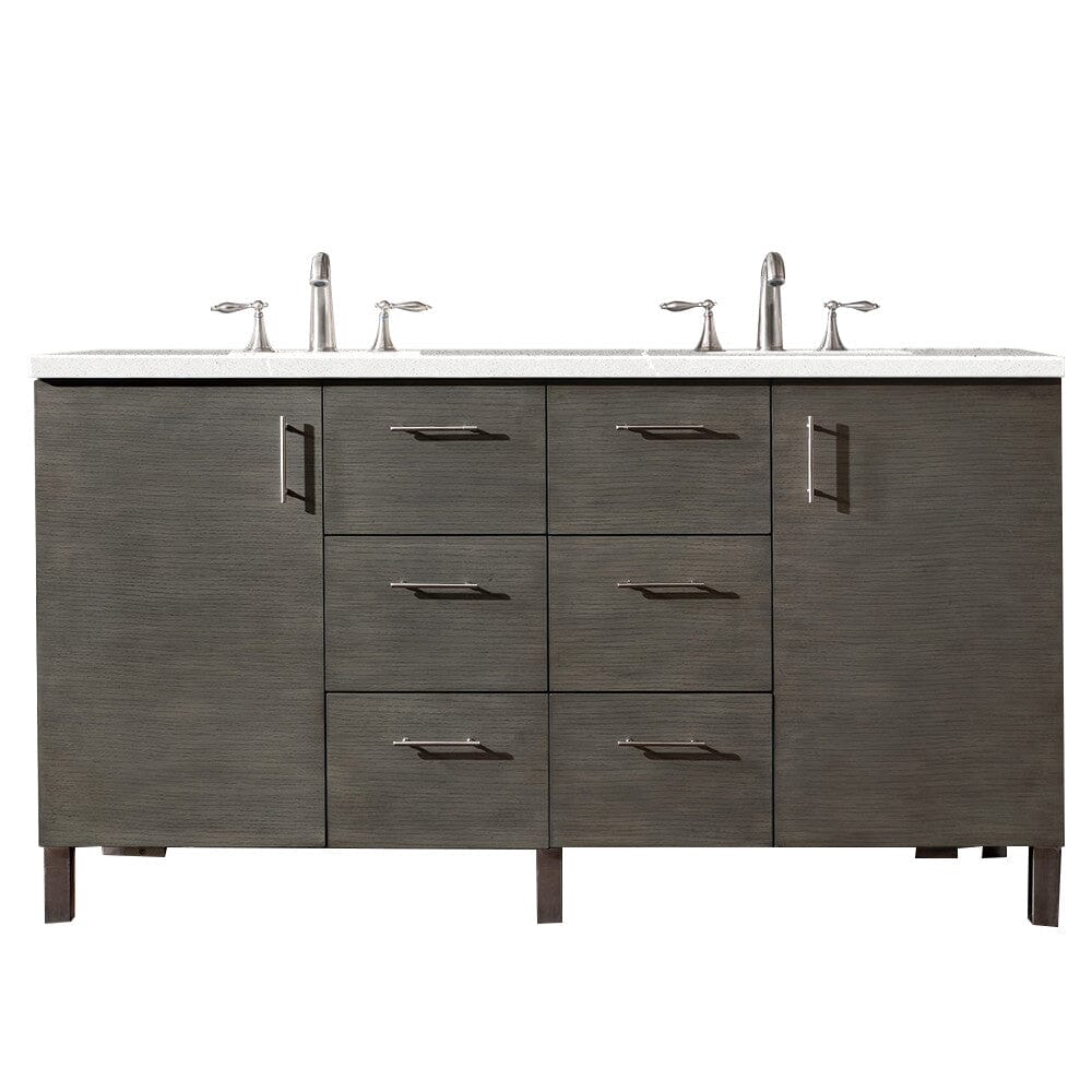 James Martin Metropolitan 60" Double Vanity Vanity James Martin Silver Oak w/ 3 CM Eternal Serena Quartz Top 