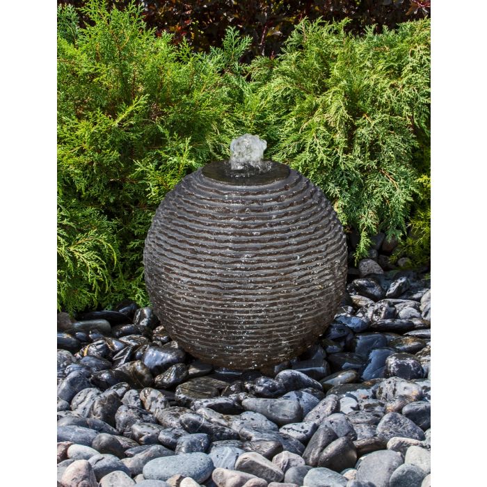 Real Stone Fountains ABGSR16BK Small Ribbed Black Limestone Sphere - Granite Fountain Kit Fountain Blue Thumb 