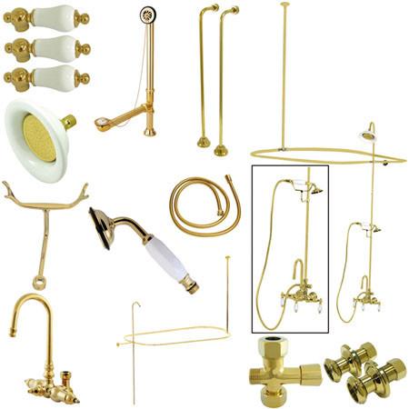 Kingston Brass Vintage High Rise Gooseneck Clawfoot Tub and Shower with Porcelain Lever Handles, Polished Brass Clawfoot Tub Set Kingston Brass 