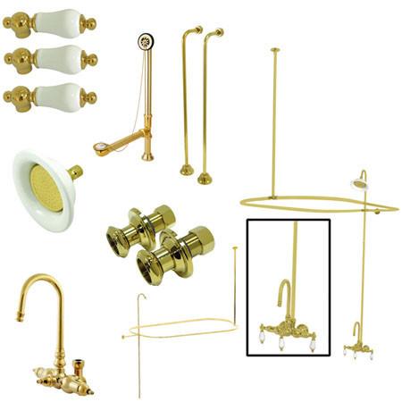 Kingston Brass Vintage Wall Mount High Rise Clawfoot Tub and Shower with Porcelain Lever Handles, Polished Brass Clawfoot Tub Set Kingston Brass 