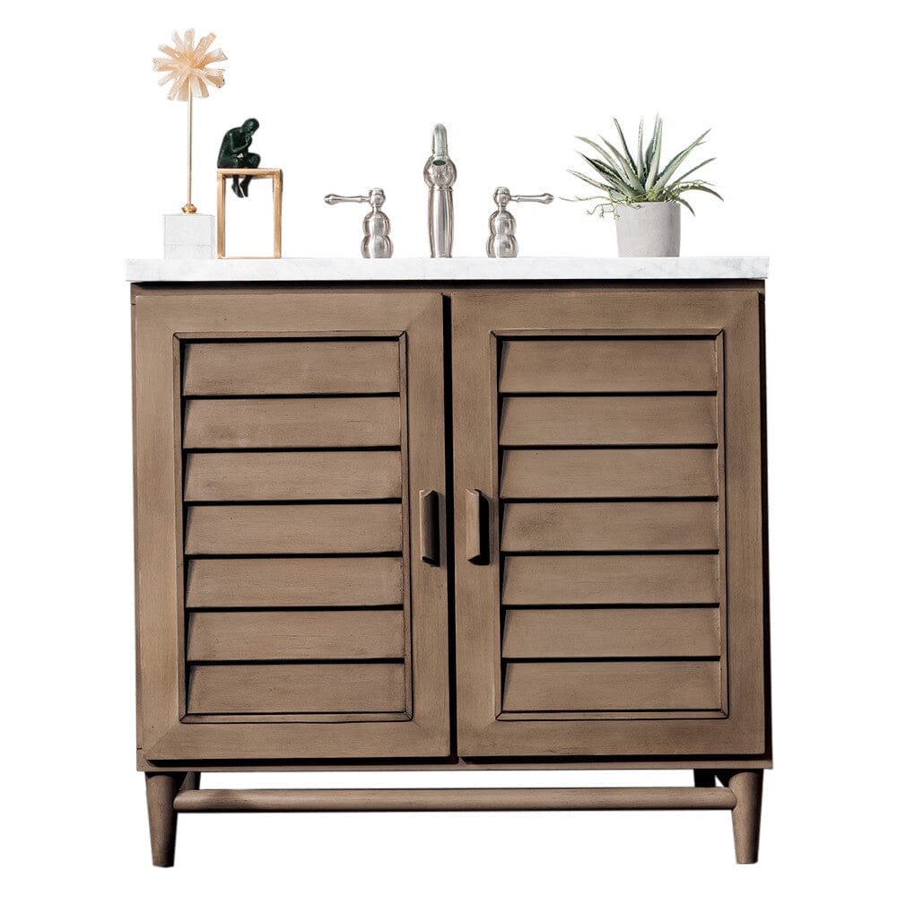 James Martin Portland 36" Single Vanity Vanity James Martin Whitewashed Walnut w/ 3 CM Arctic Fall Solid Surface Top 