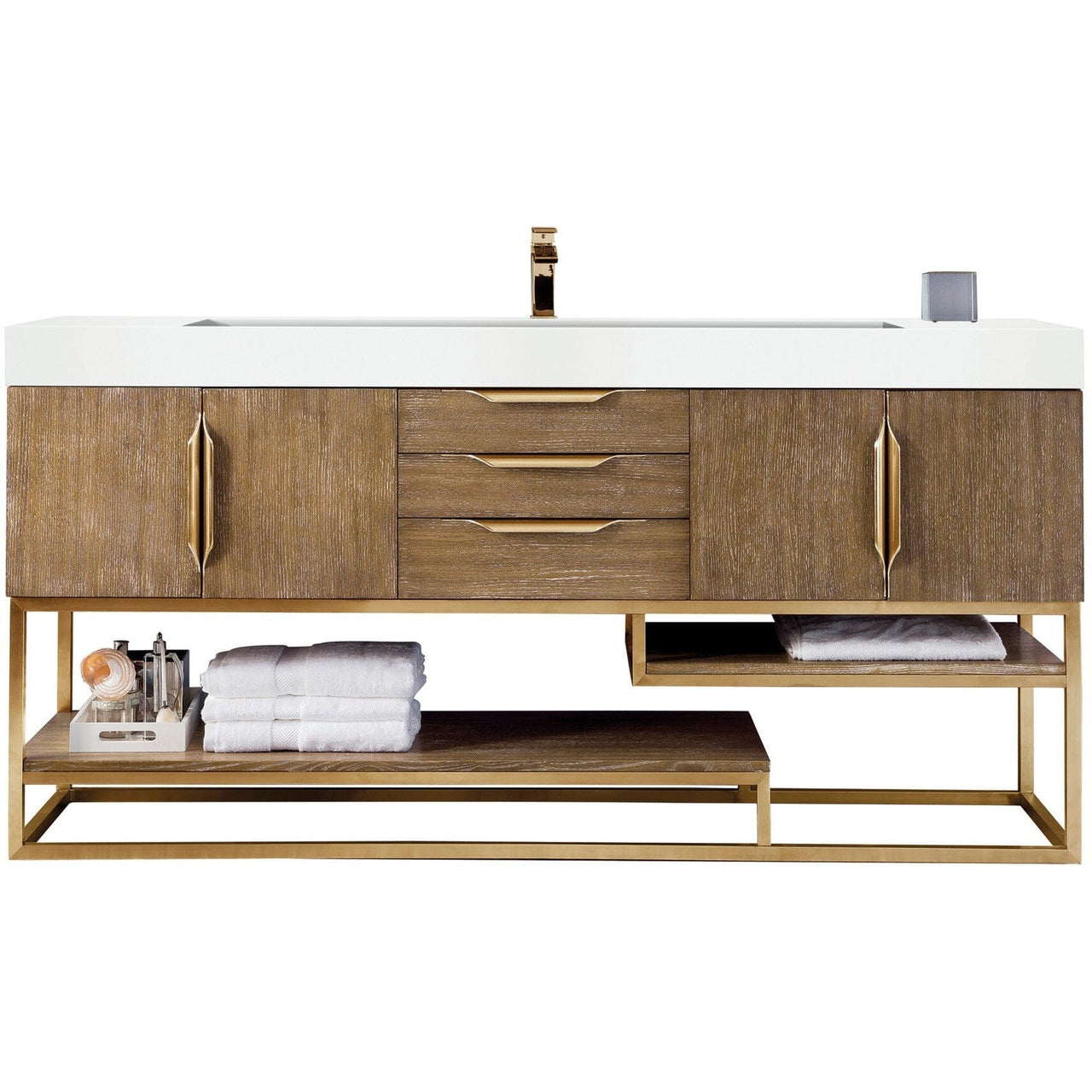 James Martin Columbia 72" Single Vanity Vanity James Martin Latte Oak - Radiant Gold w/ White Glossy Composite Countertop 