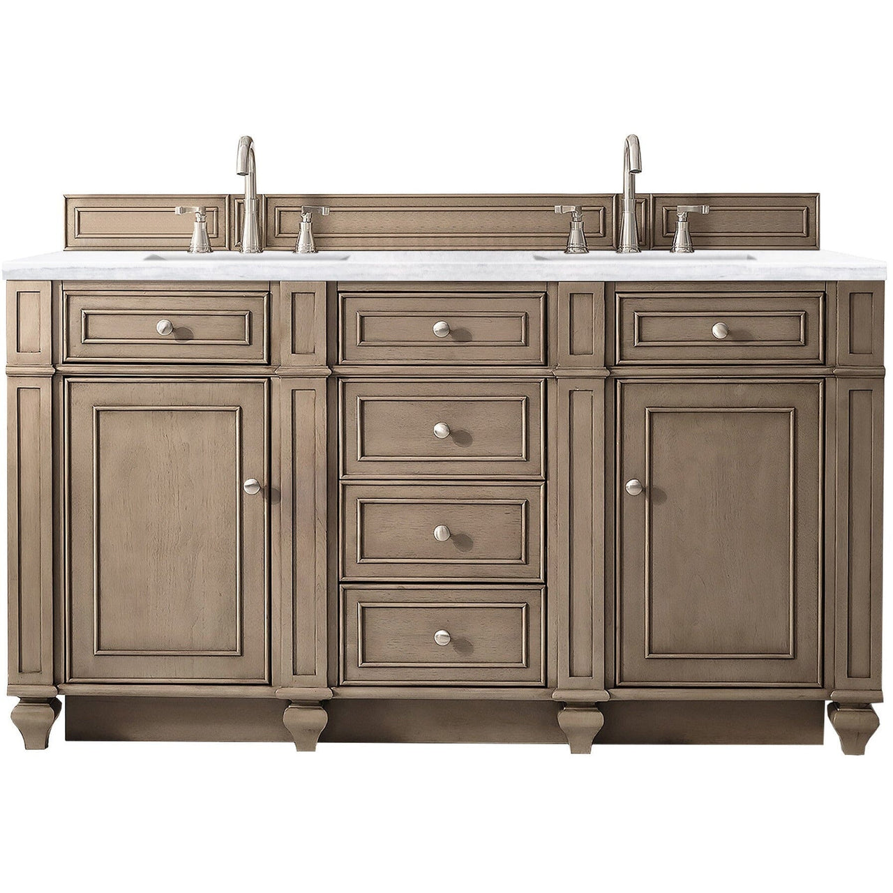 James Martin Bristol 60" Double Vanity Vanity James Martin Whitewashed Walnut w/ 3 CM Arctic Fall Solid Surface Top 