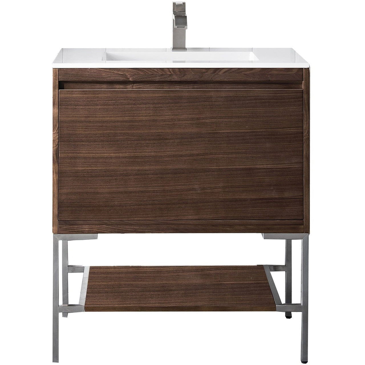 James Martin Milan 31.5" Single Vanity with Base Vanity James Martin Mid Century Walnut - Brushed Nickel w/Glossy White Composite Top 