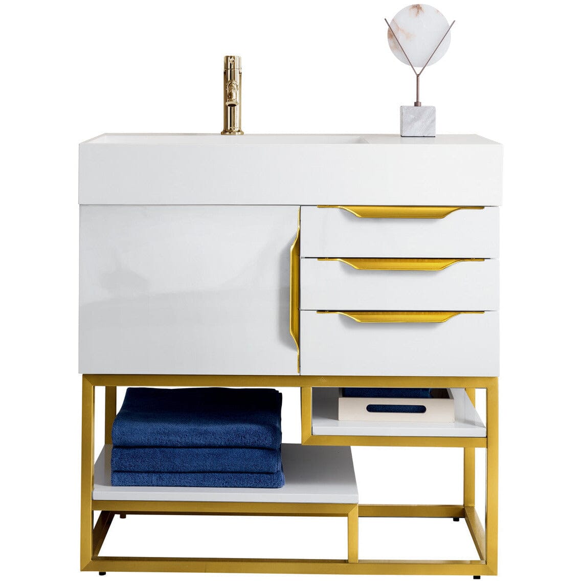 James Martin Columbia 36" Single Vanity Vanity James Martin Glossy White - Radiant Gold w/ White Glossy Composite Countertop 