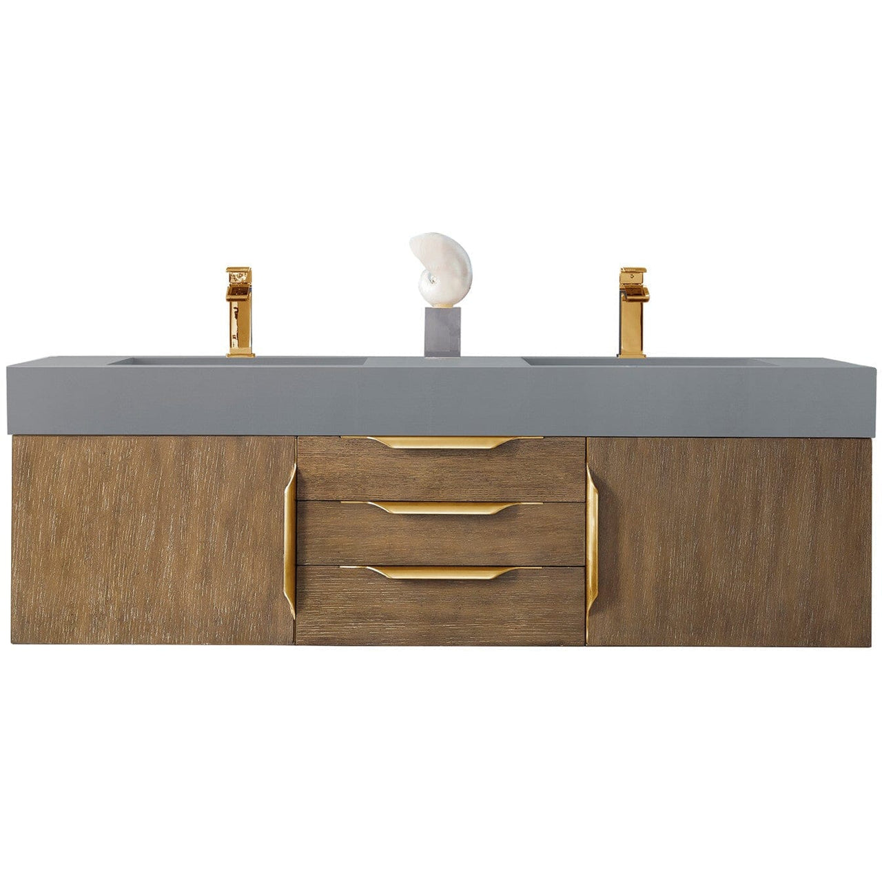 James Martin Mercer Island 59" Double Vanity Vanity James Martin Latte Oak - Radiant Gold w/ Dusk Grey Glossy Composite Top 