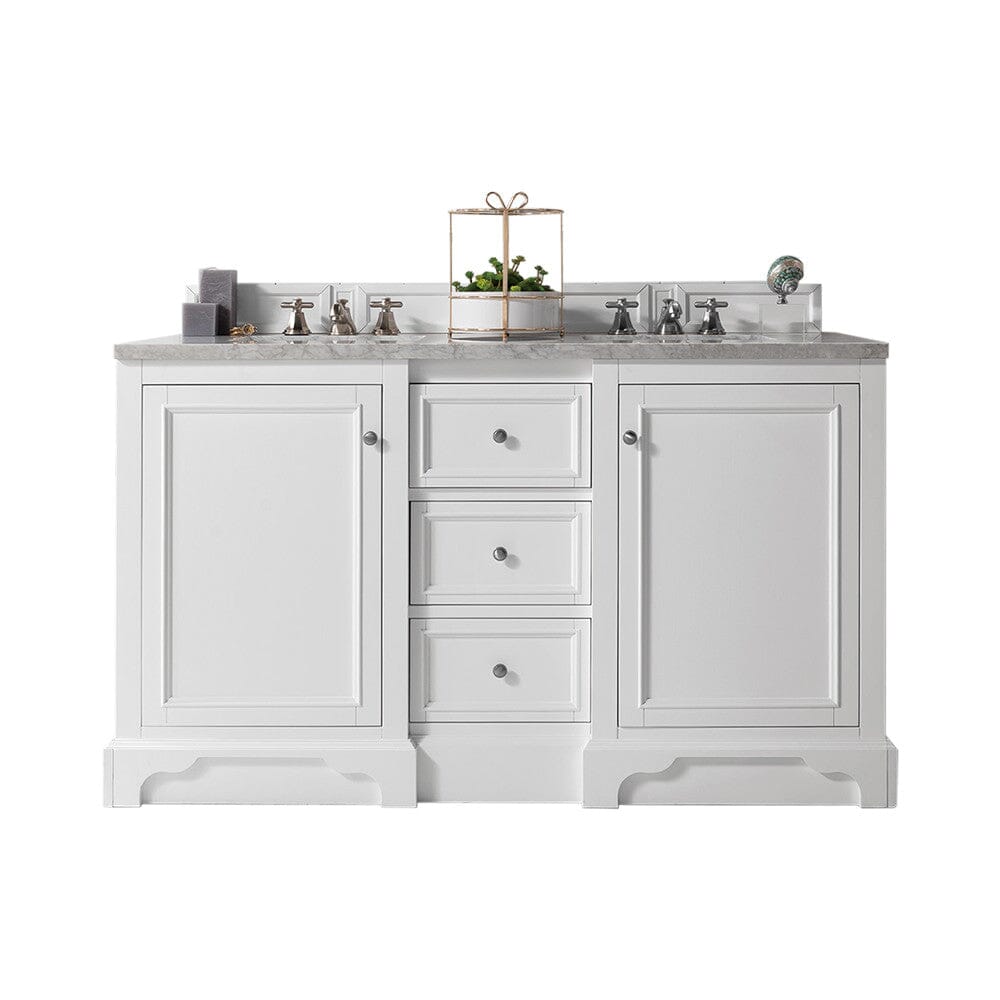 James Martin De Soto 60" Double Vanity Vanity James Martin Bright White w/ 3 CM Carrara Marble Top 