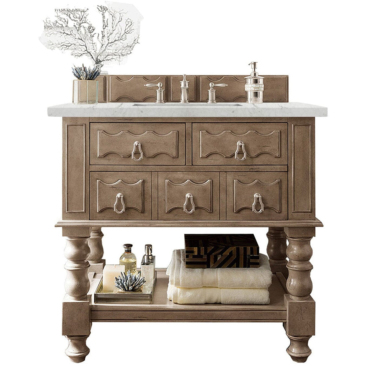 James Martin Castilian 36" Single Vanity Vanity James Martin Empire Gray w/ 3 CM Eternal Jasmine Pearl Quartz Top 