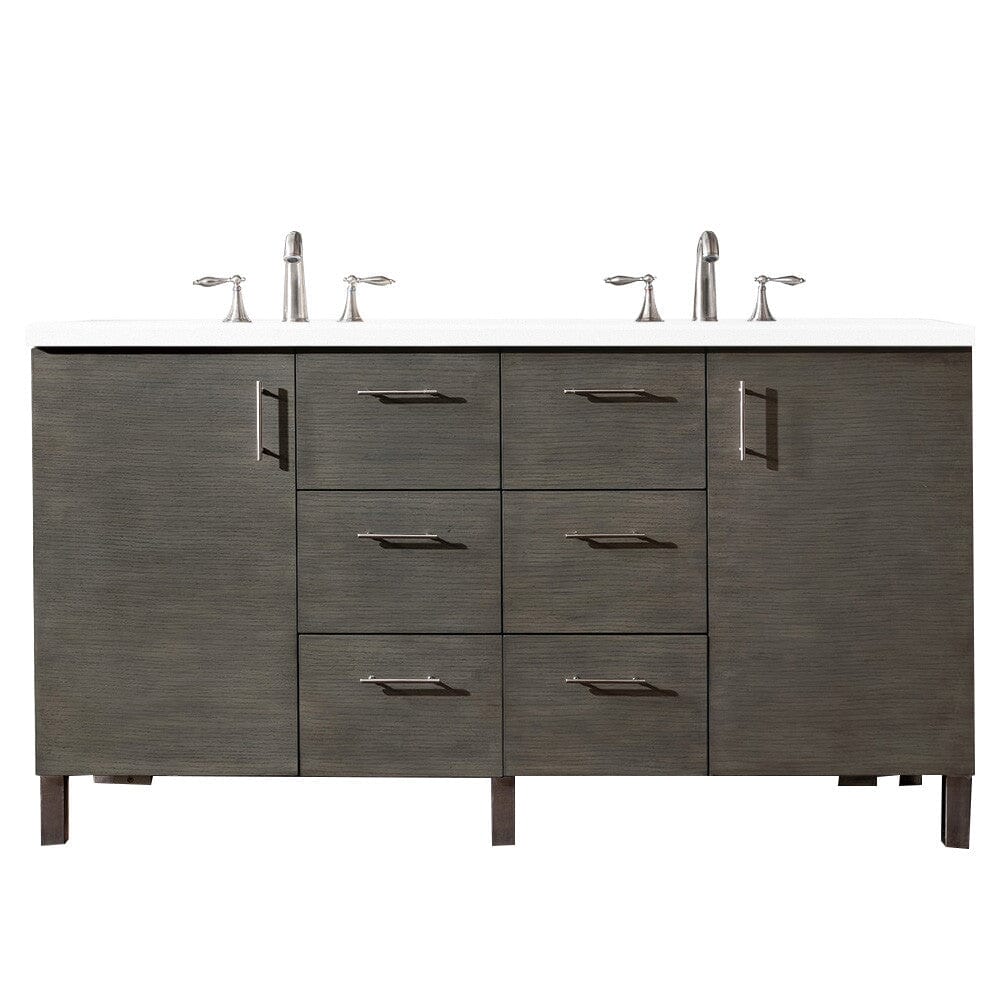 James Martin Metropolitan 60" Double Vanity Vanity James Martin Silver Oak w/ 3 CM Classic White Quartz Top 