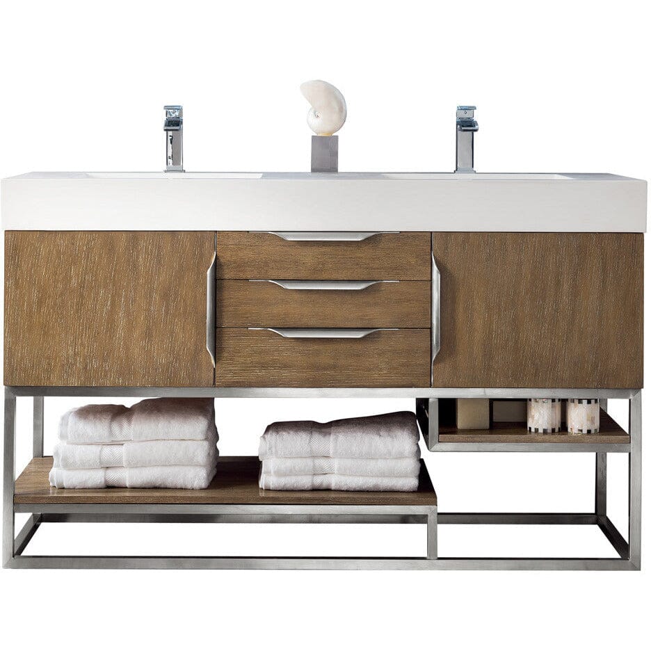 James Martin Columbia 59" Double Vanity Vanity James Martin Latte Oak w/ White Glossy Composite Countertop 