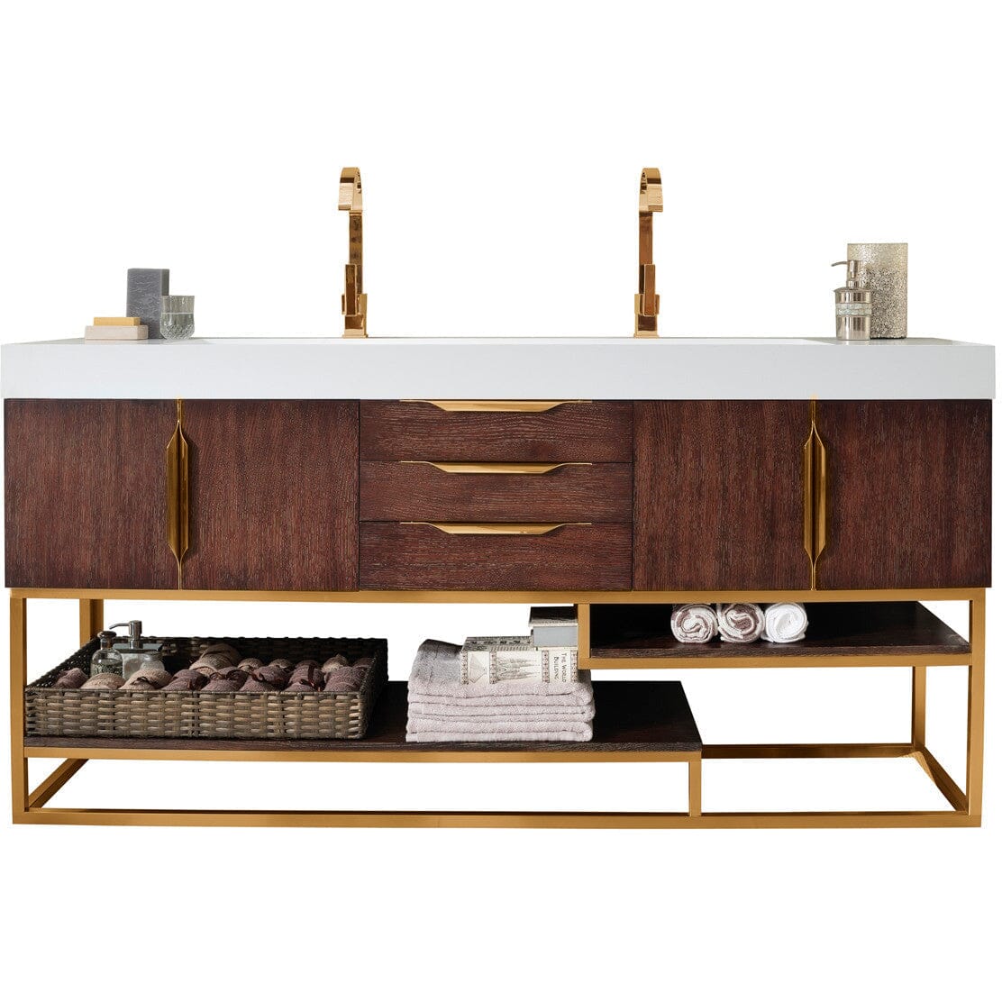 James Martin Columbia 72" Double Vanity Vanity James Martin Coffee Oak - Radiant Gold w/ White Glossy Composite Countertop 