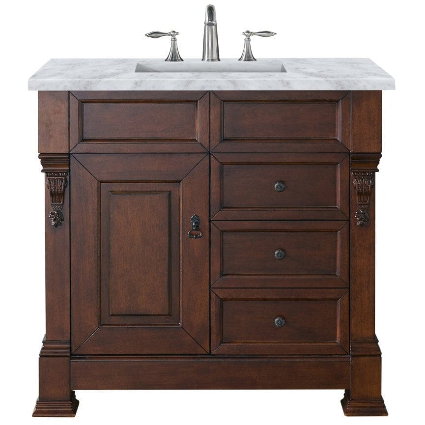 James Martin Brookfield 36" Single Vanity Vanities James Martin Warm Cherry w/ 3 CM Carrara Marble Top 