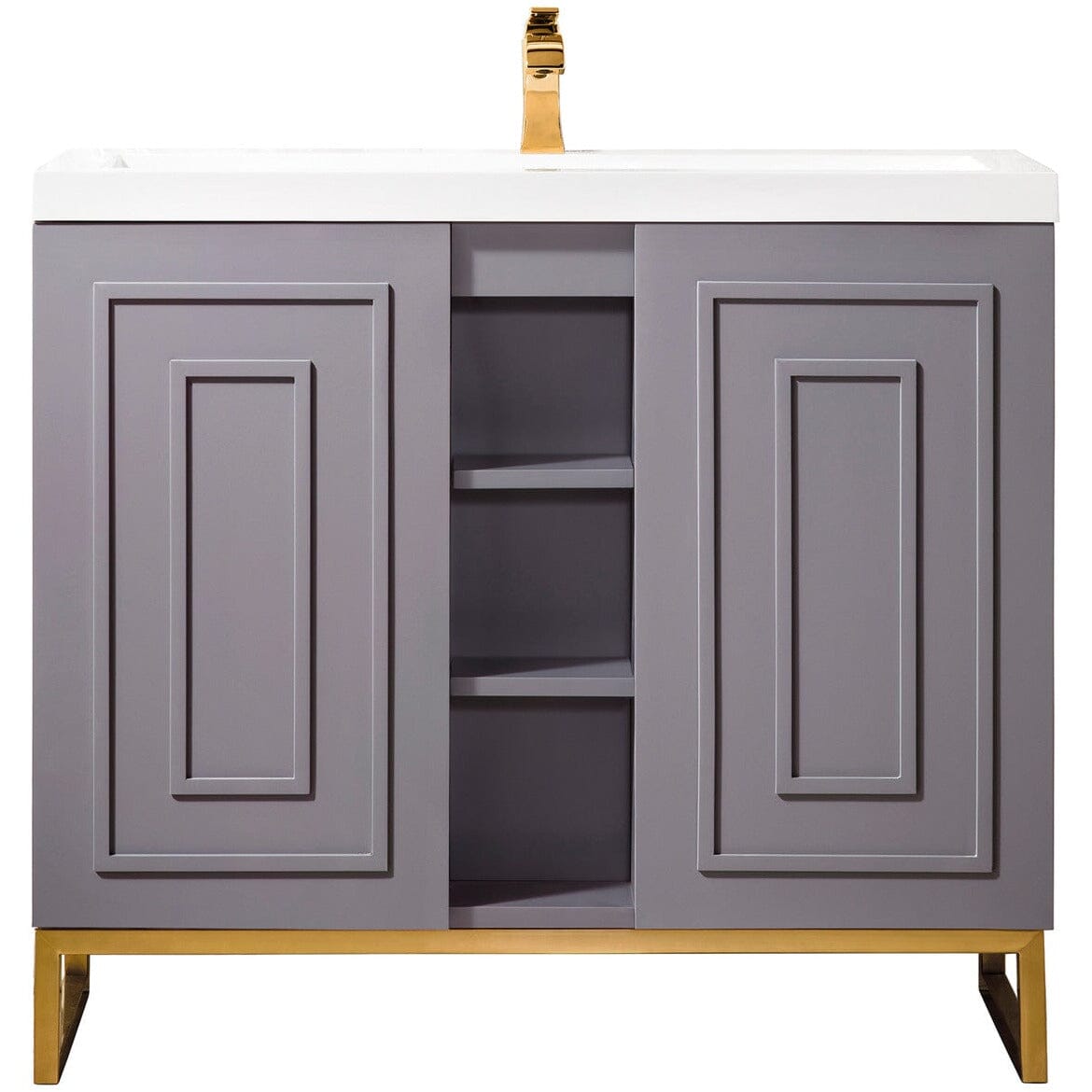 James Martin Alicante' 39.5" Single Vanity Cabinet Vanity James Martin Grey Smoke-Radiant Gold w/ White Glossy Composite Countertop 