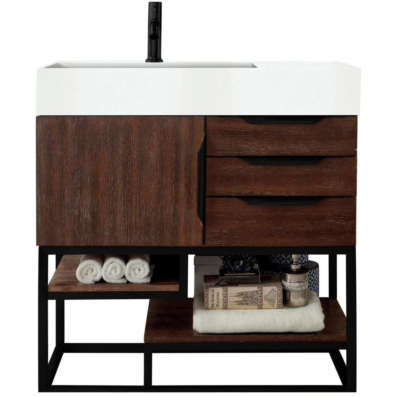 James Martin Columbia 36" Single Vanity Vanity James Martin Coffee Oak - Matte Black w/ White Glossy Composite Countertop 