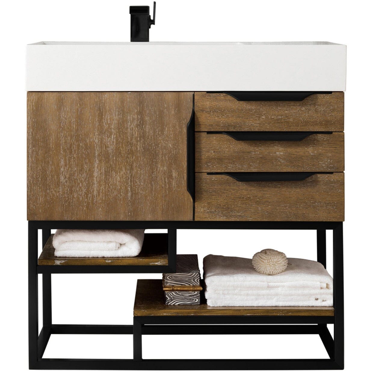 James Martin Columbia 36" Single Vanity Vanity James Martin Latte Oak - Matte Black w/ White Glossy Composite Countertop 