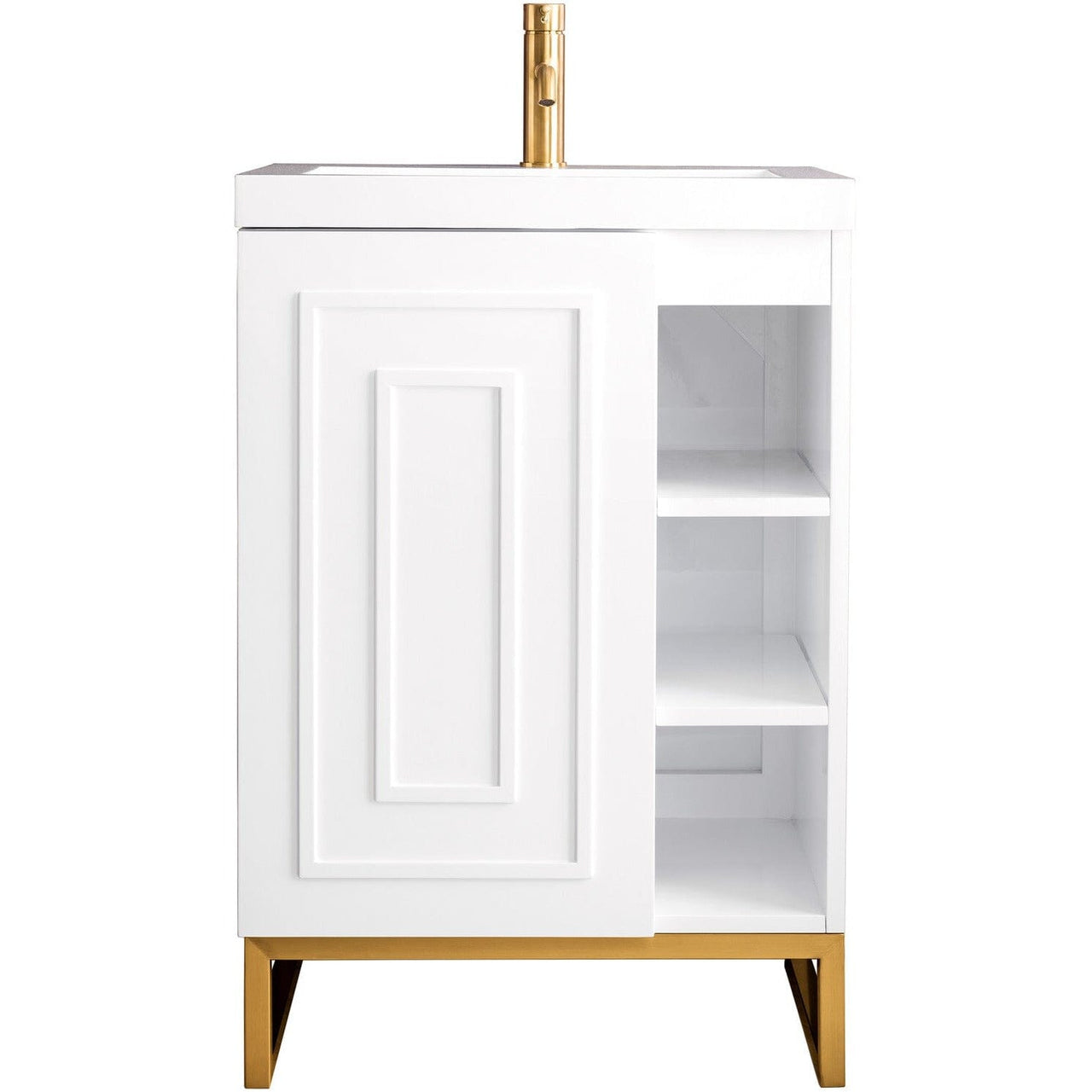 James Martin Alicante' 24" Single Vanity Cabinet Vanity James Martin Glossy White-Radiant Gold w/ White Glossy Composite Countertop 