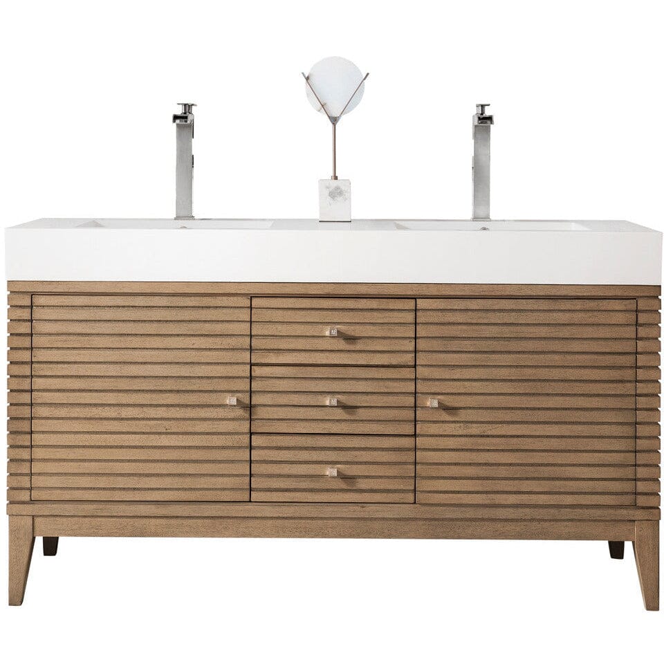 James Martin Linear 59" Double Vanity Vanity James Martin Whitewashed Walnut w/ Glossy White Composite Top 