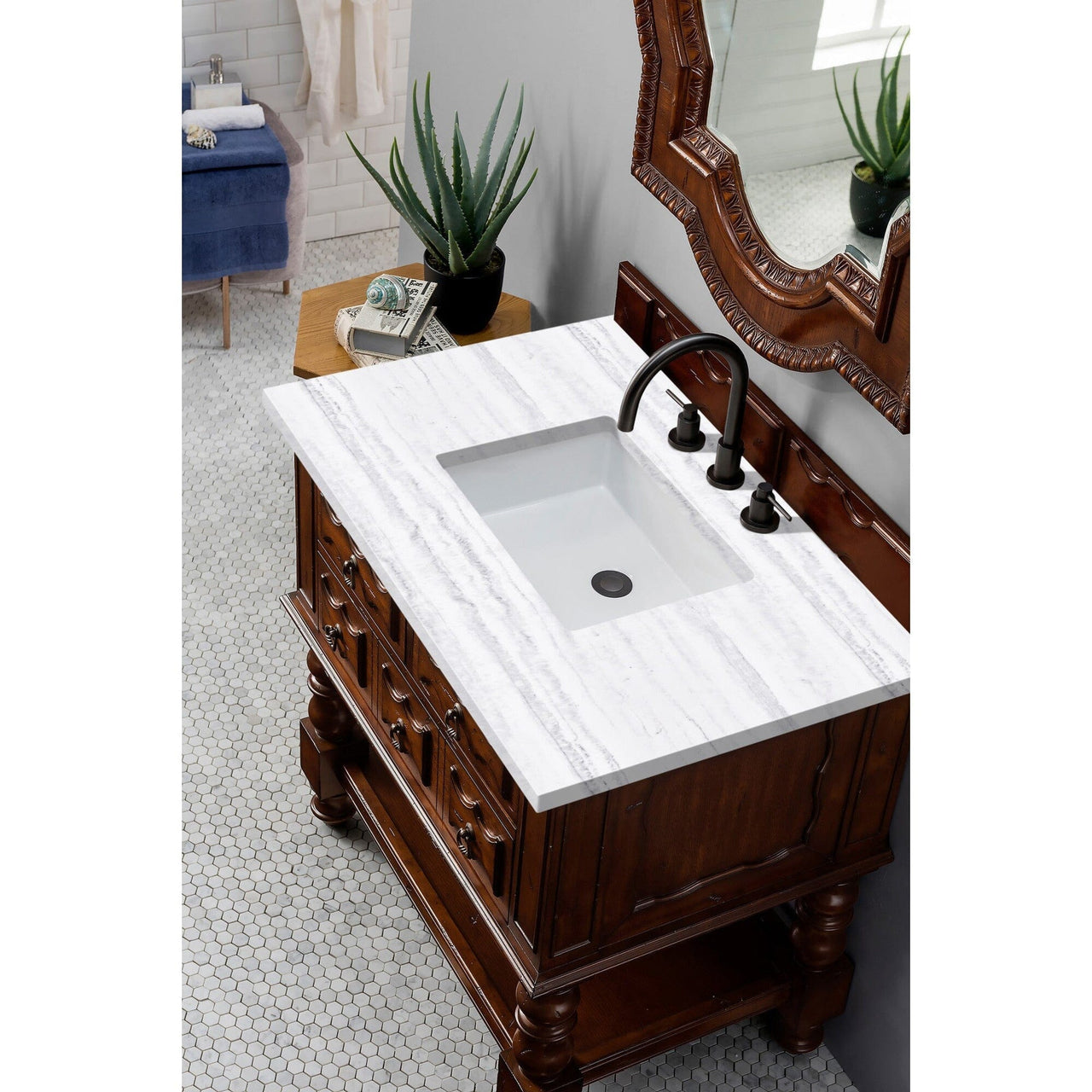 James Martin Castilian 36" Single Vanity Vanity James Martin Aged Cognac w/ 3 CM Arctic Fall Solid Surface Top 