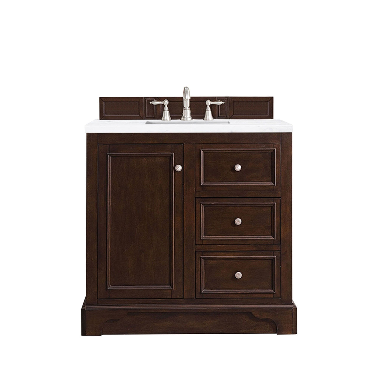 James Martin De Soto 36" Single Vanity Vanity James Martin Burnished Mahogany w/ 3 CM Arctic Fall Solid Surface Top 