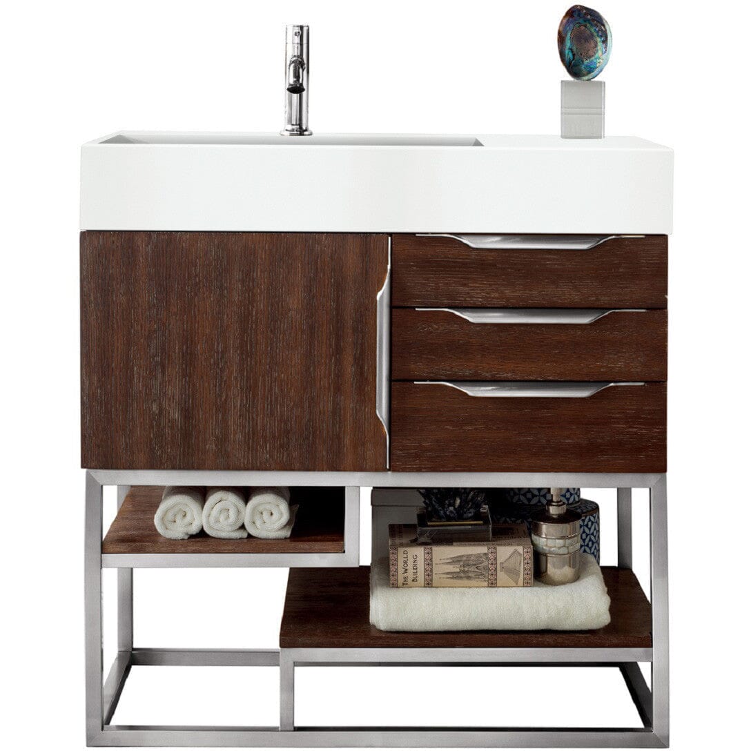 James Martin Columbia 36" Single Vanity Vanity James Martin Coffee Oak w/ White Glossy Composite Countertop 