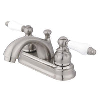 Thumbnail for Kingston Brass Vintage Centerset Lavatory Faucet with Porcelain Lever Handles and Retail Pop-Up, Satin Nickel Bathroom Faucet Kingston Brass 