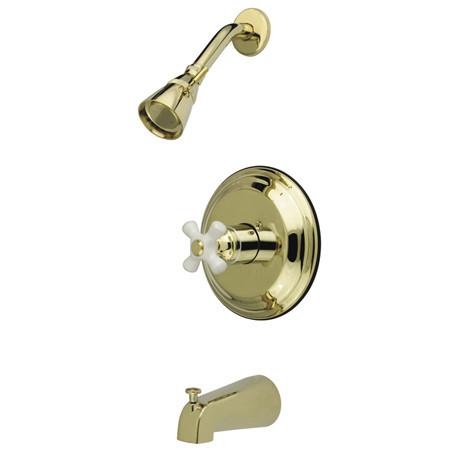 Kingston Brass Water Saving Restoration Tub and Shower Faucet with Porcelain Cross Handles, Polished Brass Tub Shower Sets Kingston Brass 