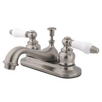 Thumbnail for Kingston Brass GKB608B Water Saving Restoration Centerset Lavatory Faucet with Ceramic & Oak Handles, Satin Nickel Bathroom Faucet Kingston Brass 