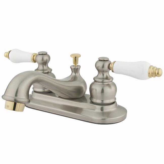 Kingston Brass GKB609B Water Saving Restoration Centerset Lavatory Faucet with Ceramic & Oak Handles, Satin Nickel with Polished Brass Trim Bathroom Faucet Kingston Brass 
