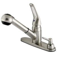 Thumbnail for Kingston Brass GKB708SPDK Water Saving Wyndham Pull-out Kitchen Faucet with Single Loop Handle, Matching Wand and Soap Dispenser, Satin Nickel Kitchen Faucet Kingston Brass 