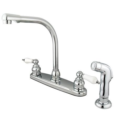 Kingston Brass GKB711SP Water Saving Victorian High Arch Kitchen Faucet with Oak & Porcelain Lever Handles and Sprayer, Chrome Kitchen Faucet Kingston Brass 