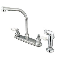 Thumbnail for Kingston Brass GKB711SP Water Saving Victorian High Arch Kitchen Faucet with Oak & Porcelain Lever Handles and Sprayer, Chrome Kitchen Faucet Kingston Brass 