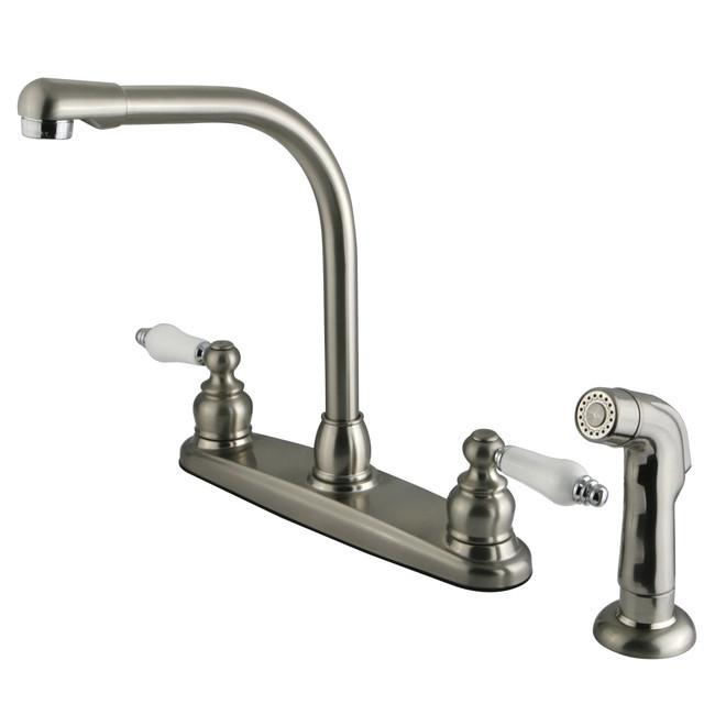 Kingston Brass Victorian High Arch with Oak & Porcelain Lever Handles and Sprayer, Satin Nickel with Chrome Kitchen Faucet Kingston Brass 