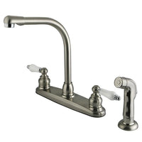 Thumbnail for Kingston Brass Victorian High Arch with Oak & Porcelain Lever Handles and Sprayer, Satin Nickel with Chrome Kitchen Faucet Kingston Brass 